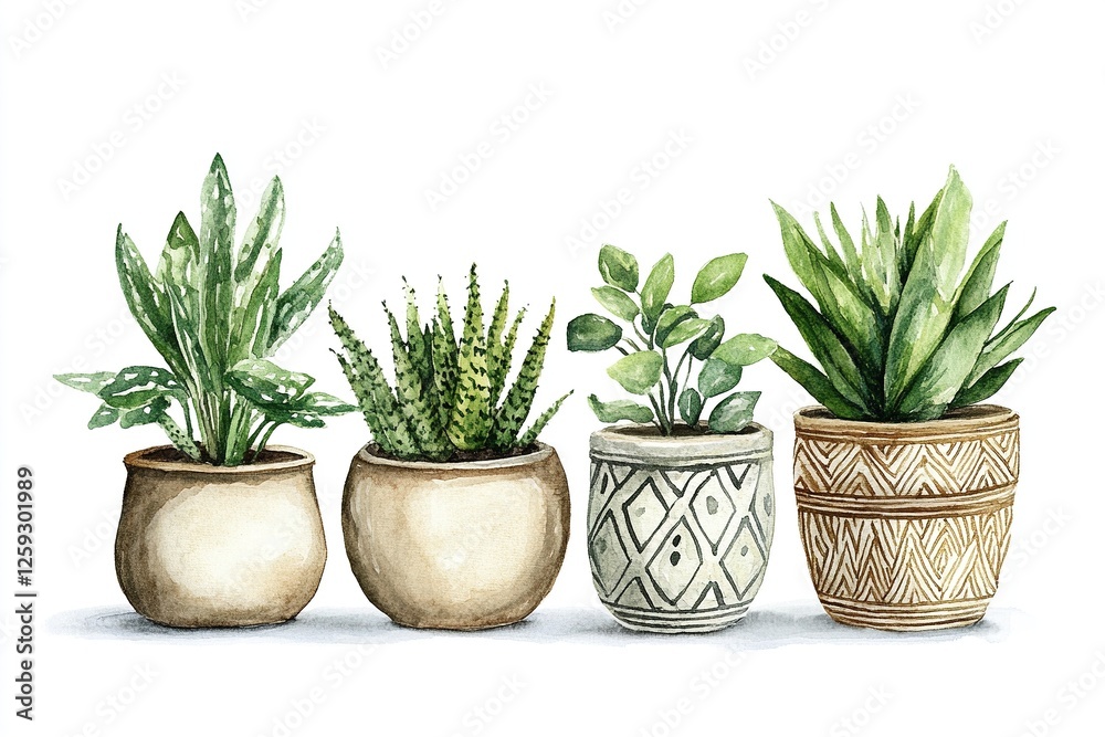 Fototapeta premium Watercolor Houseplants in Pots Home Decor Greenery
