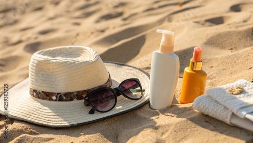 Sombrero, gafas y protector solar sobre arena