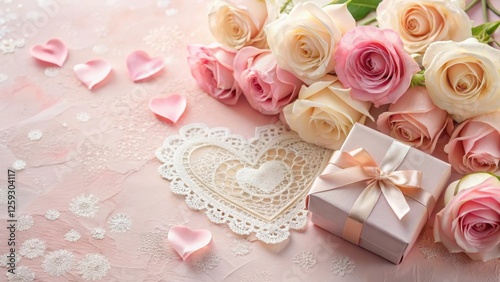 A delicate arrangement of pastel roses and a heart-shaped lace doily, adorned with a blush-toned gift box tied with a satin ribbon, creates a romantic and elegant presentation.