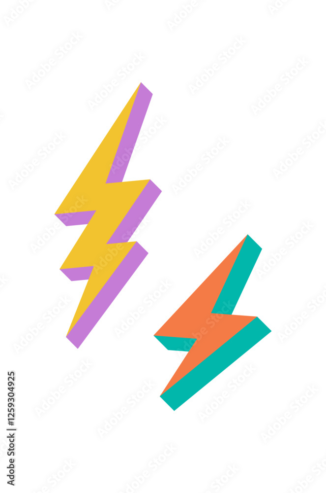 Bold geometric lightning icon. Abstract shape with playful elements. Contemporary design with shadows, y2k style, and brutalist influence. Ideal for modern graphic projects and vibrant aesthetics.