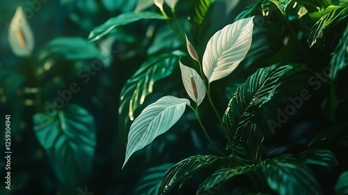 Lush white peace lily plant in dense green foliage. photo