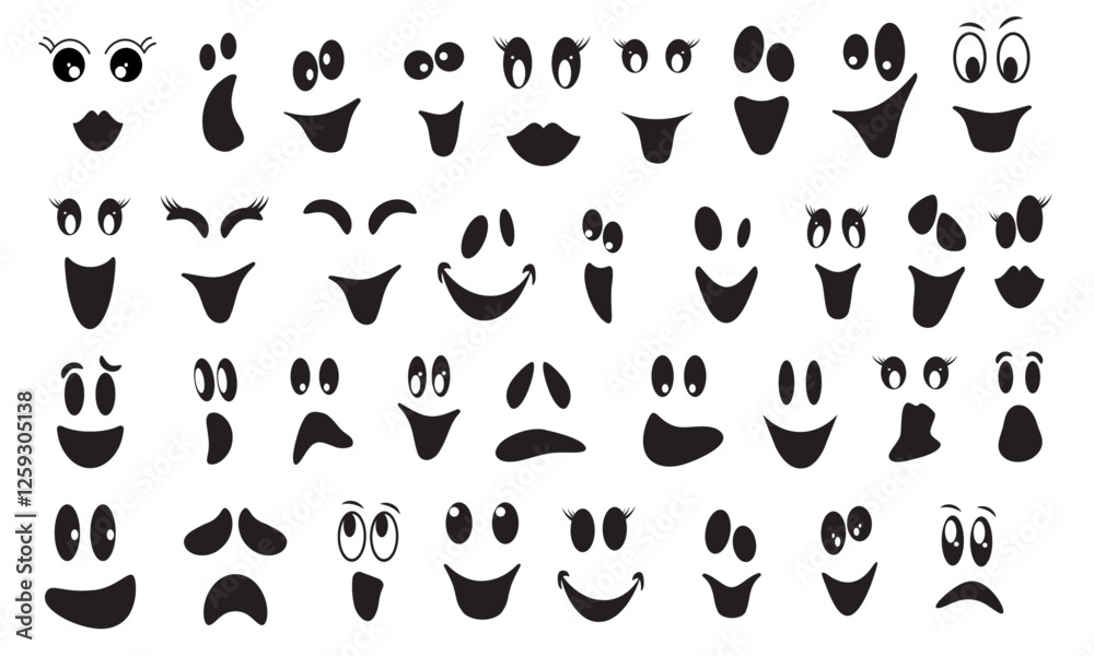 Naklejka premium Cute Ghost Face Halloween Faces With Cartoon Eyes and Mouth, Black Silhouette Ghost Face for TShirts, Halloween Party Decorations, Invitations, Greeting Cards, Funny Halloween Faces
