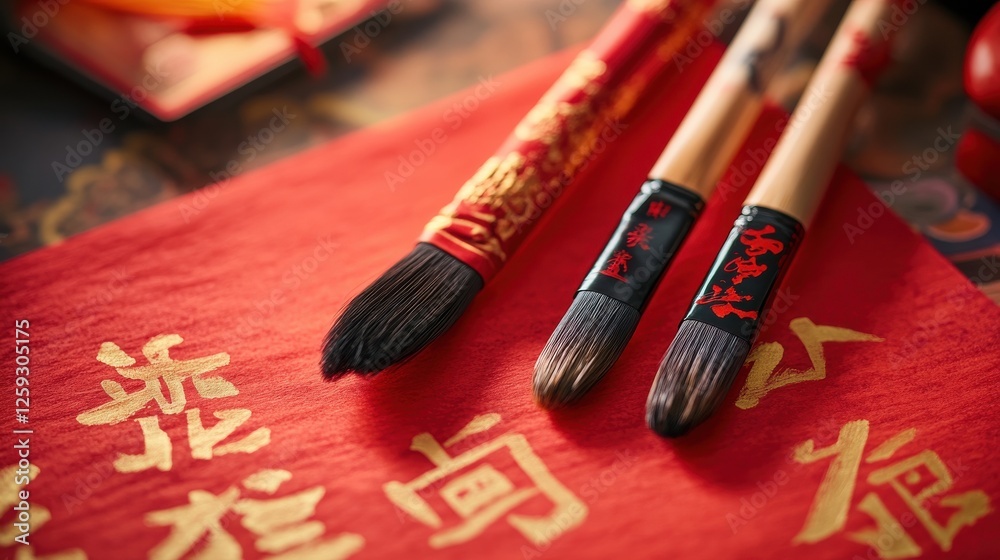 Fototapeta premium Traditional Chinese Calligraphy Brushes and Red Silk Background