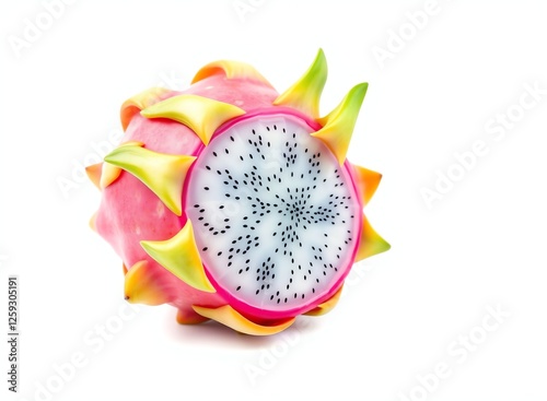 an image of a dragon fruit with a white background, there is a dragon fruit with a white background and a pink center photo