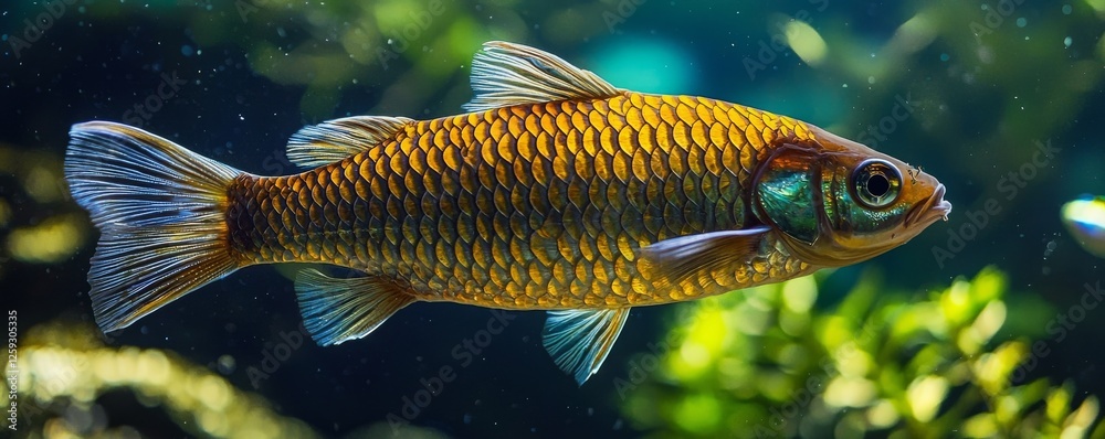 A vibrant fish swims gracefully in a lush aquatic environment, showcasing its striking golden scales and detailed fins amidst a backdrop of greenery. A vibrant fish swims gracefully in a lush aquatic environment, showcasing its striking golden scales and detailed fins amidst a backdrop of greenery.