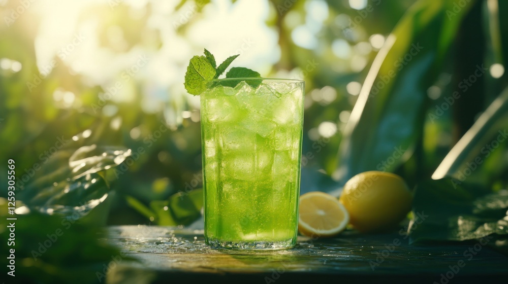 Fototapeta premium Refreshing Green Mint Lemonade in a Summer Garden