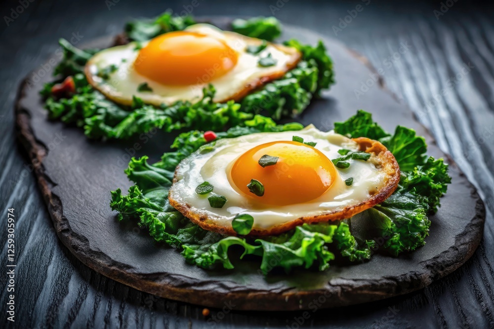 Night Photography: Delicious Fried Eggs with Greens on Dark Plate - Foodie Food Photo Night Photography: Delicious Fried Eggs with Greens on Dark Plate - Foodie Food Photo