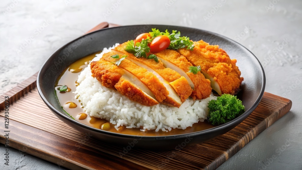 Savory Breaded Chicken Cutlets Served on Steaming Rice with Rich Curry Sauce and Garnish Savory Breaded Chicken Cutlets Served on Steaming Rice with Rich Curry Sauce and Garnish