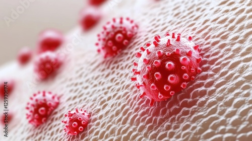 Microscopic view of multiple red viruses on a textured surface, skin or cell membrane.