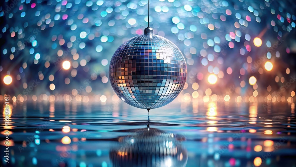 Obraz premium Reflective Disco Ball Suspended Above Shimmering Water, Illuminated by a Kaleidoscope of Festive Lights