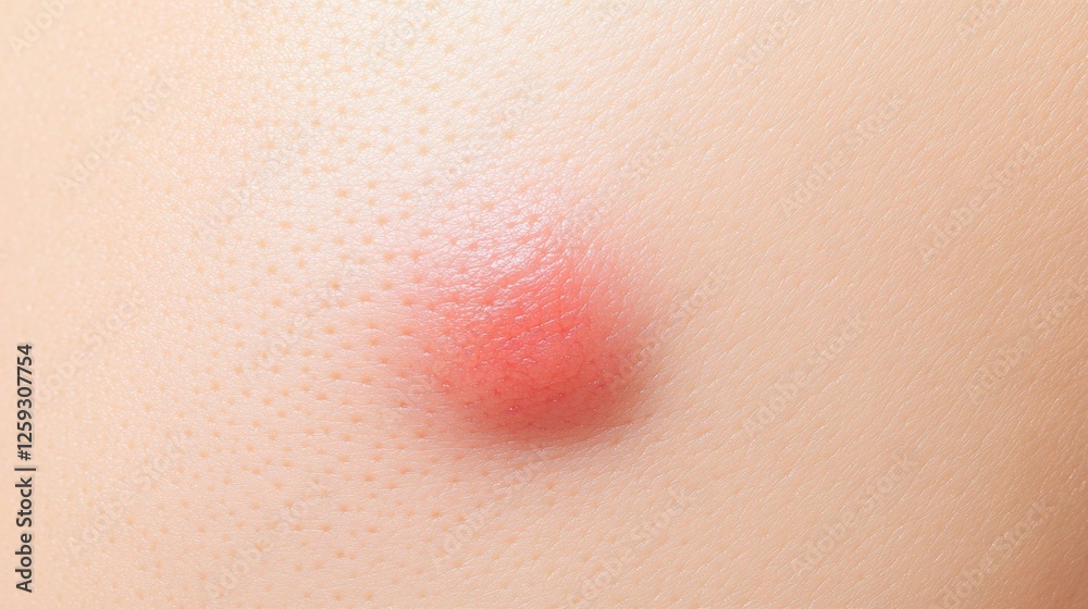 Fototapeta premium Close-up of a red, inflamed bump on fair skin, a pimple or insect bite.