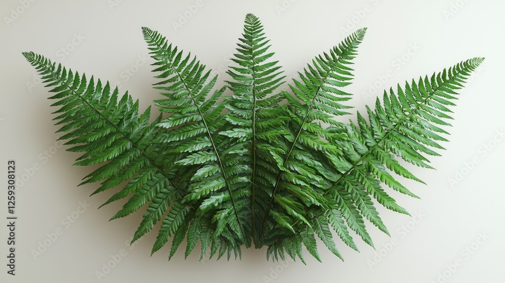 Lush green ferns arranged artistically against a neutral background, showcasing nature's beauty Lush green ferns arranged artistically against a neutral background, showcasing nature's beauty