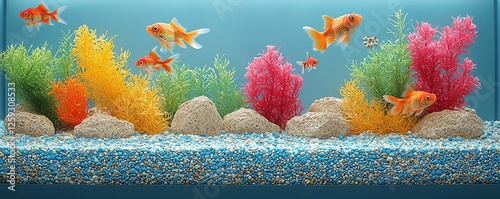A vibrant aquarium scene featuring colorful fish, artificial plants, and pebbles, creating a lively underwater environment.