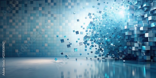 Abstract Cubical Disintegration A digital rendering of a structure composed of numerous cubes shattering and dispersing into a multitude of smaller fragments against a tiled backdrop.