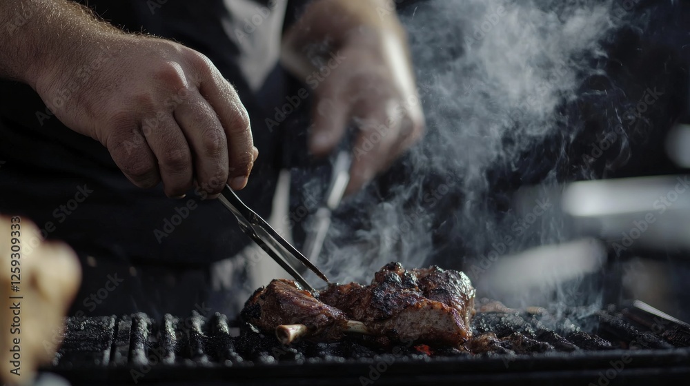Chef grilling meat on a barbecue. Wearing a chef's apron and a toque. Emphasizing barbecue skills and outdoor cooking. Ideal for cooking blogs. Chef grilling meat on a barbecue. Wearing a chef's apron and a toque. Emphasizing barbecue skills and outdoor cooking. Ideal for cooking blogs.