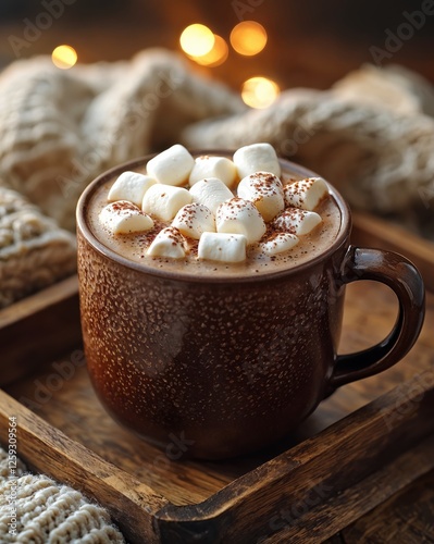 A rich hot chocolate in a textured brown mug is filled with fluffy marshmallows and sprinkled with cocoa, resting on a wooden tray surrounded by a snug knitted blanket, perfect for winter relaxation.