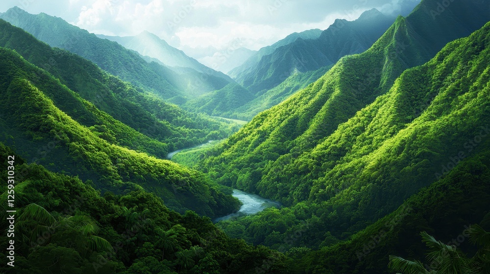 Serene Mountain Landscape with Lush Greenery and Flowing River Serene Mountain Landscape with Lush Greenery and Flowing River