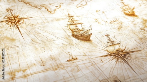 Vintage maritime map with sailing ships and navigational instruments photo