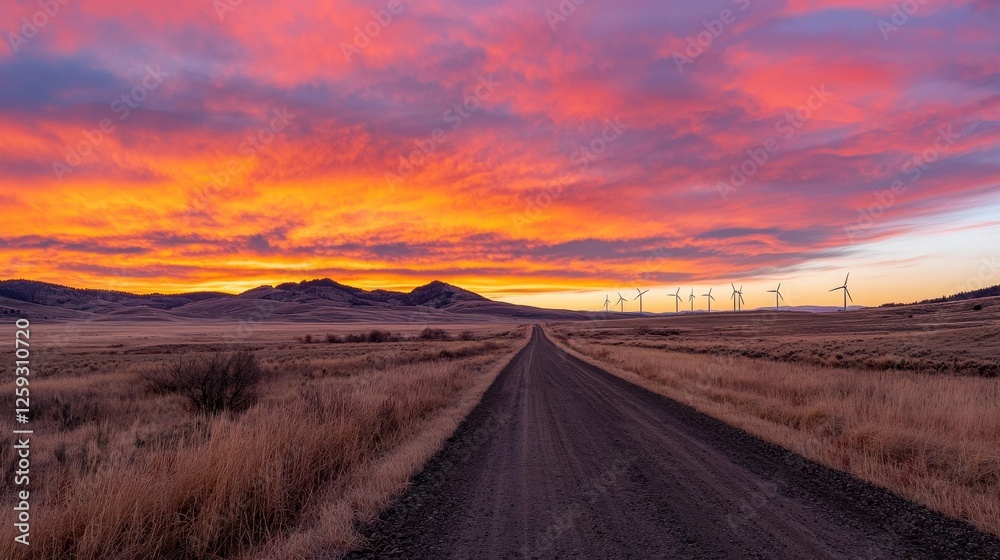 Naklejka premium Stunning Sunset Over Open Road with Wind Turbines on Horizon