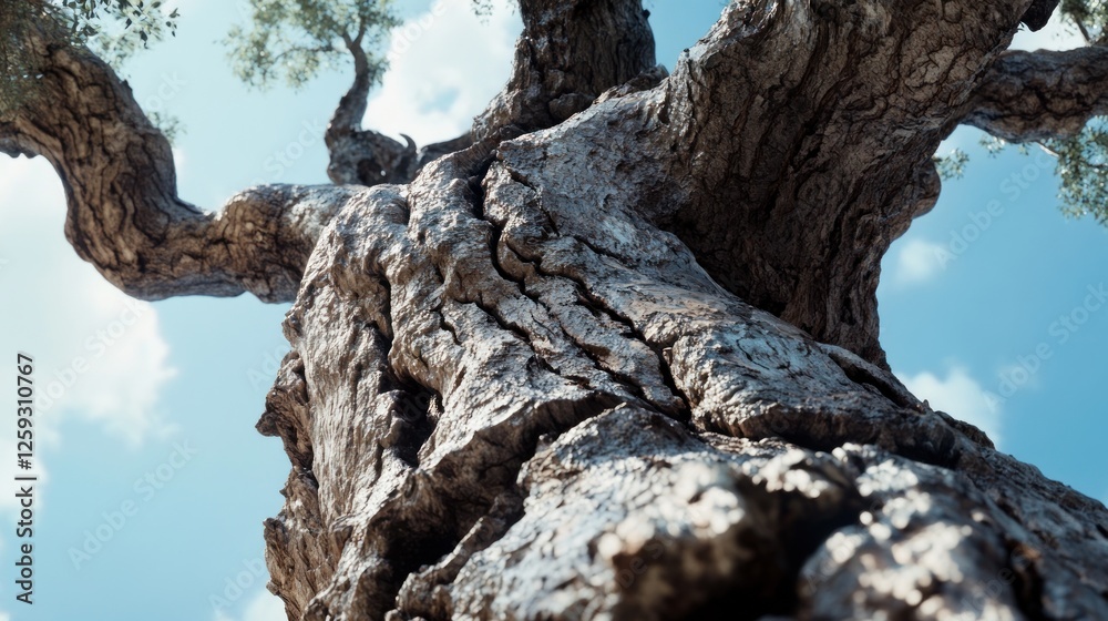 Ancient olive tree trunk detail, sunny sky, textured bark, outdoor nature Ancient olive tree trunk detail, sunny sky, textured bark, outdoor nature