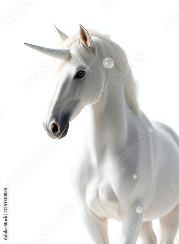 an image of a white horse with a long horn standing, there is a white horse with a long horn standing in the snow photo