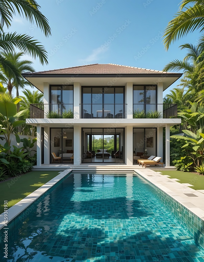 Fototapeta premium Luxury Villa with Swimming Pool in Tropical Paradise for Tranquil Retreat