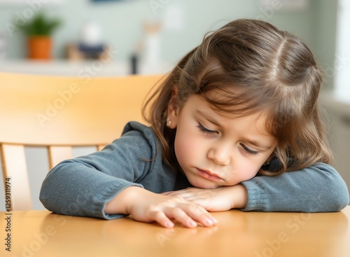 an image of a little girl sitting at a table with her hands on her chin, there is a little girl sitting at a table with her hands on her chin photo