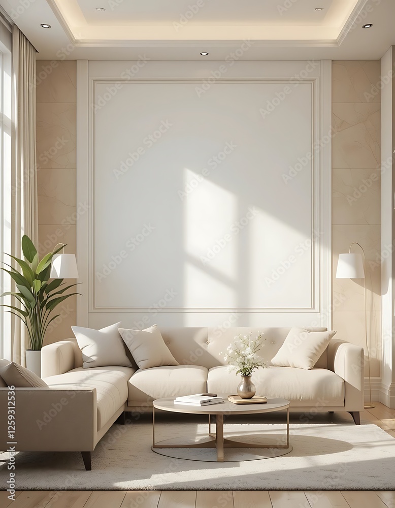 Fototapeta premium Elegant living room interior with beige sofa and blank wall for artwork