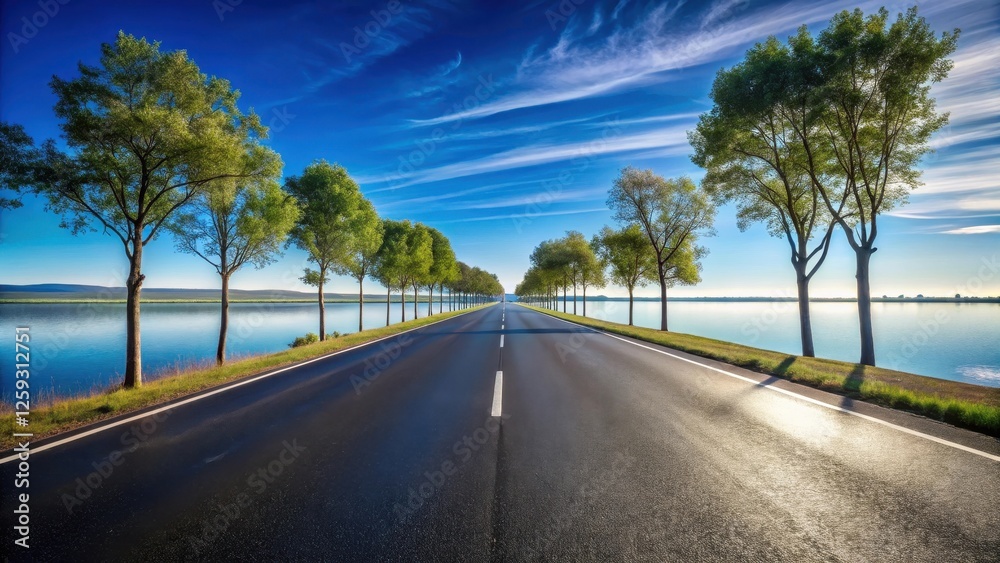 Naklejka premium Asphalt road lined with trees beside a tranquil lake under a vibrant sky, a scenic summer day drive