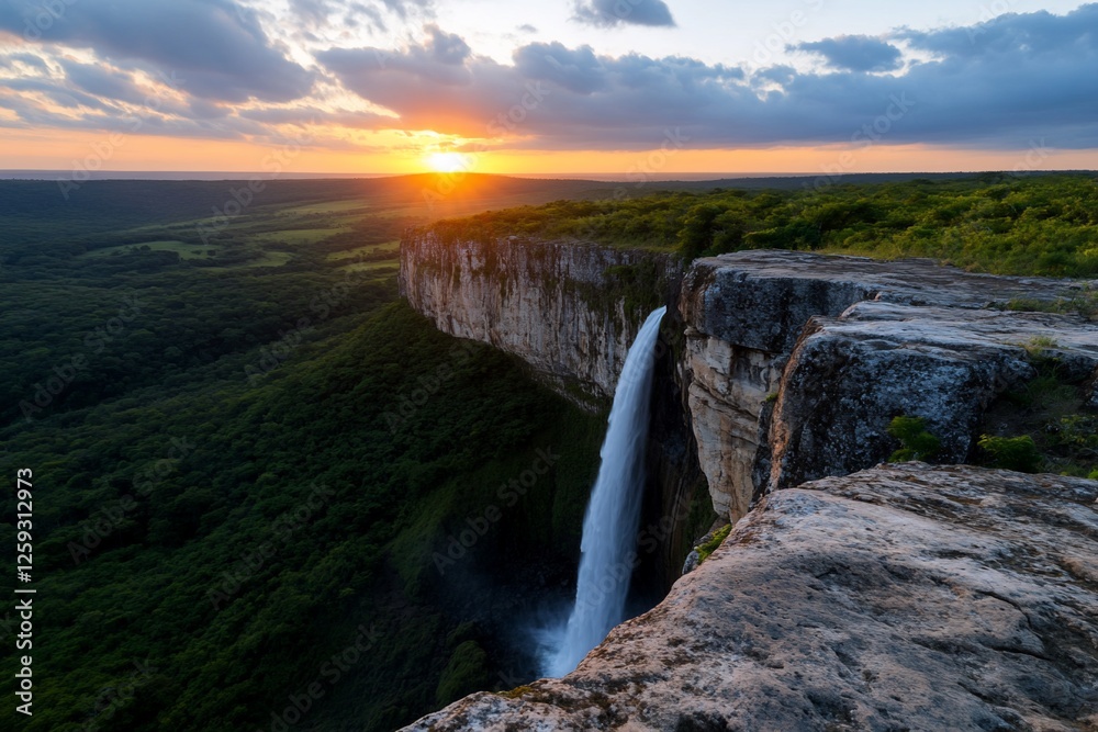 Obraz premium Sunset Waterfall Clifftop Landscape, Dramatic Skies, Nature Scene, Tourism