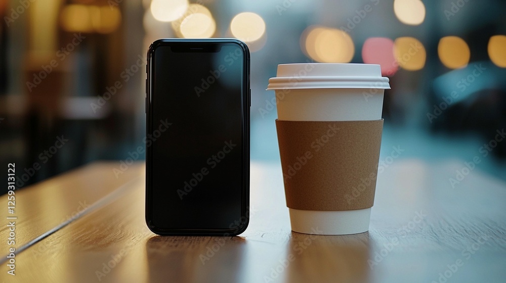 Smartphone and coffee cup on a wooden table in a cafe. Blurred city lights in the background.