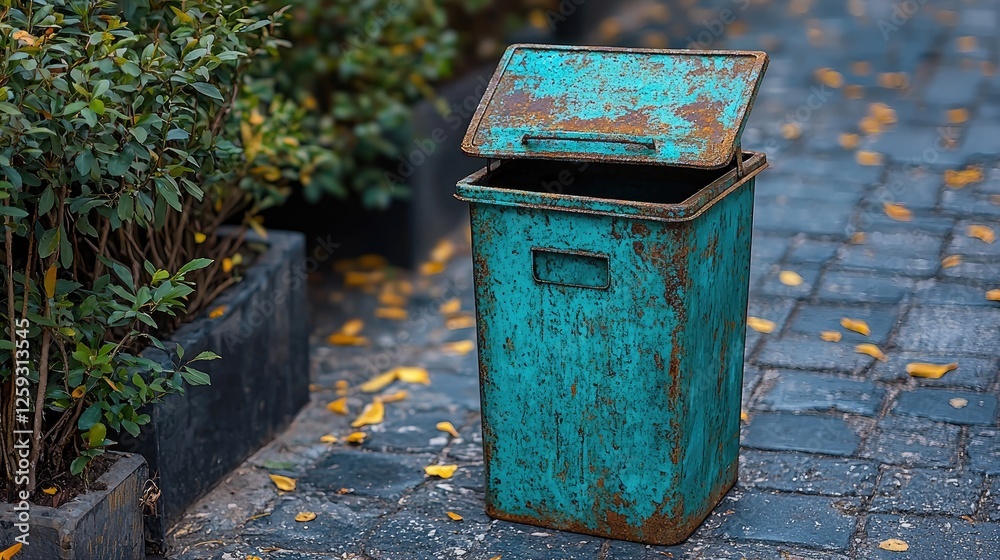 Rusty turquoise trash bin on cobblestone path surrounded by green shrubs and fallen leaves Rusty turquoise trash bin on cobblestone path surrounded by green shrubs and fallen leaves