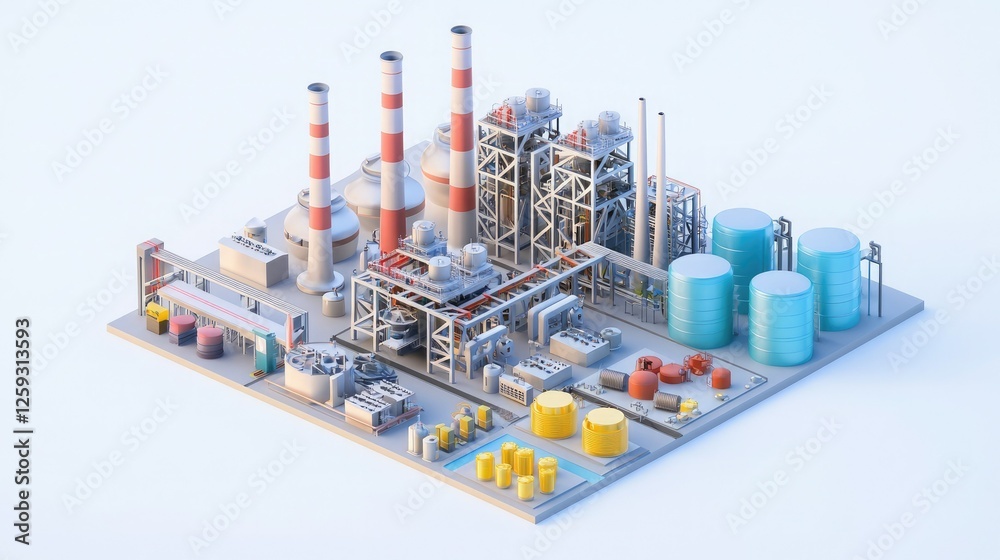 Obraz premium A colorful industrial facility with smokestacks, storage tanks, and various structures, representing a modern manufacturing or processing plant.