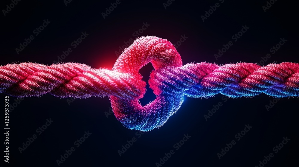 Close-up of a red rope with two colorful loose ends tied in a detailed central knot of thick pink yarn, glowing subtly against a shadowy backdrop Close-up of a red rope with two colorful loose ends tied in a detailed central knot of thick pink yarn, glowing subtly against a shadowy backdrop
