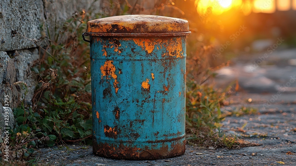 Weathered blue trash can stands by a sunlit path, surrounded by nature and evening glow Weathered blue trash can stands by a sunlit path, surrounded by nature and evening glow