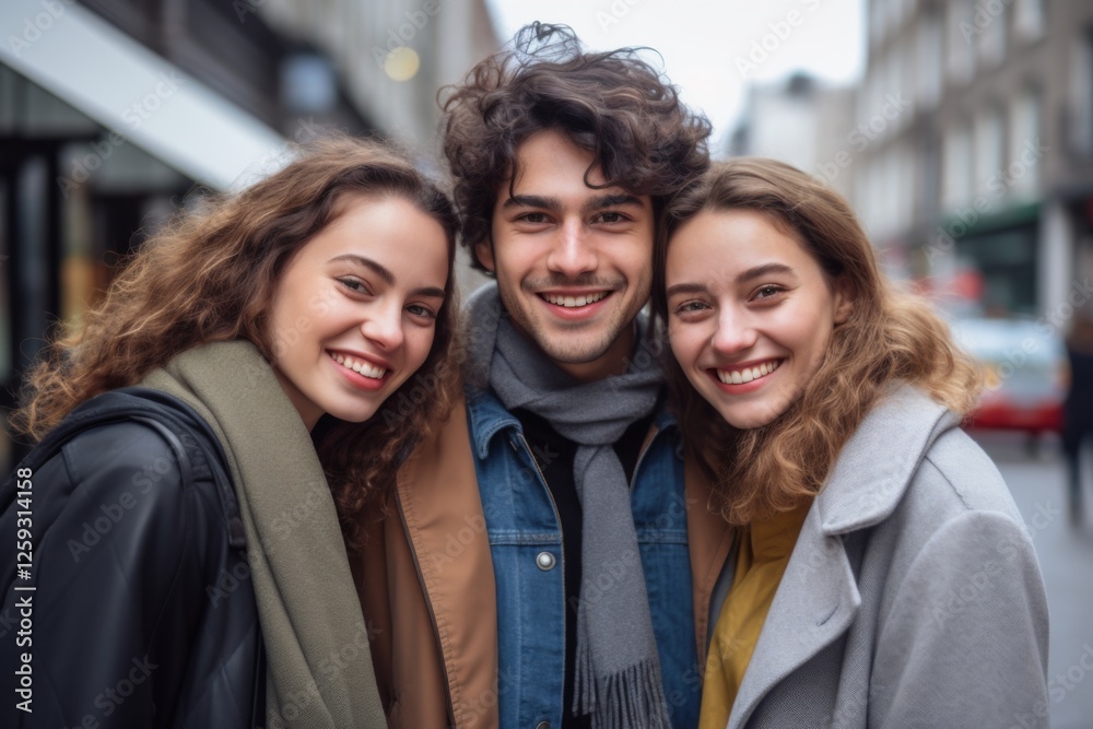 Smiling three young friends posing for a shot in the city Smiling three young friends posing for a shot in the city