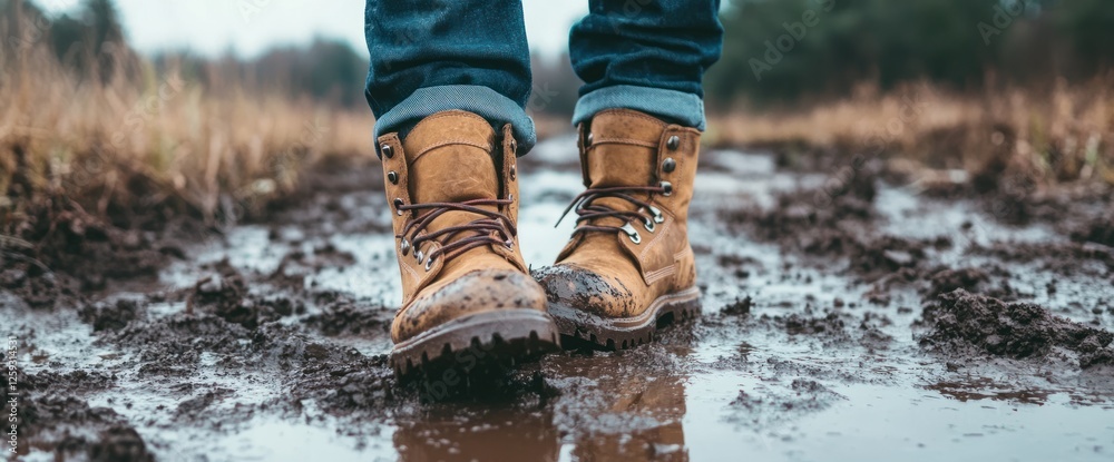 exploring muddy paths journeying through nature's wet landscapes wearing brown leather hiking boots exploring muddy paths journeying through nature's wet landscapes wearing brown leather hiking boots