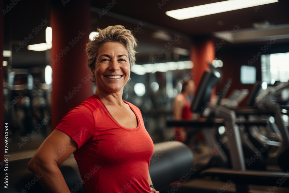 Fototapeta premium Smiling portrait of a middle aged slightly overweight woman in gym