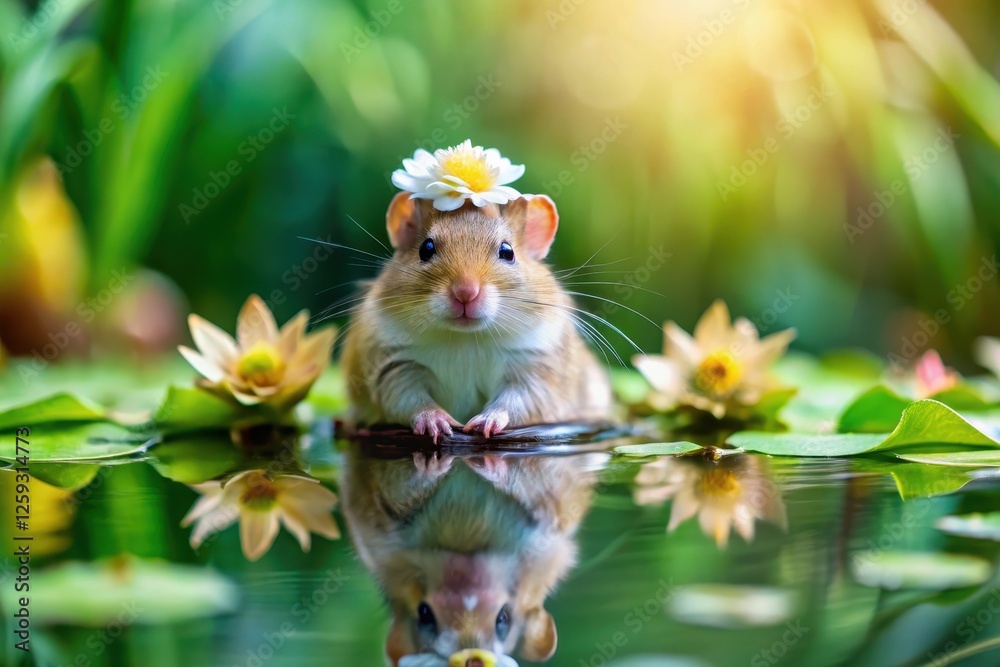 Fototapeta premium Adorable Rodent with Floral Headpiece Serenely Floating on a Lily Pad Reflecting in Still Water