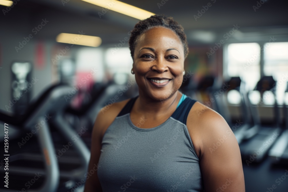 Fototapeta premium Smiling portrait of a middle aged slightly overweight woman in gym