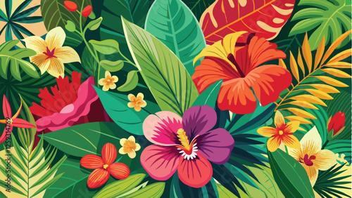 A vivid background filled with exotic flowers like orchids, hibiscus, and bird-of-paradise in bright colors, with lush green leaves. tropical flower background