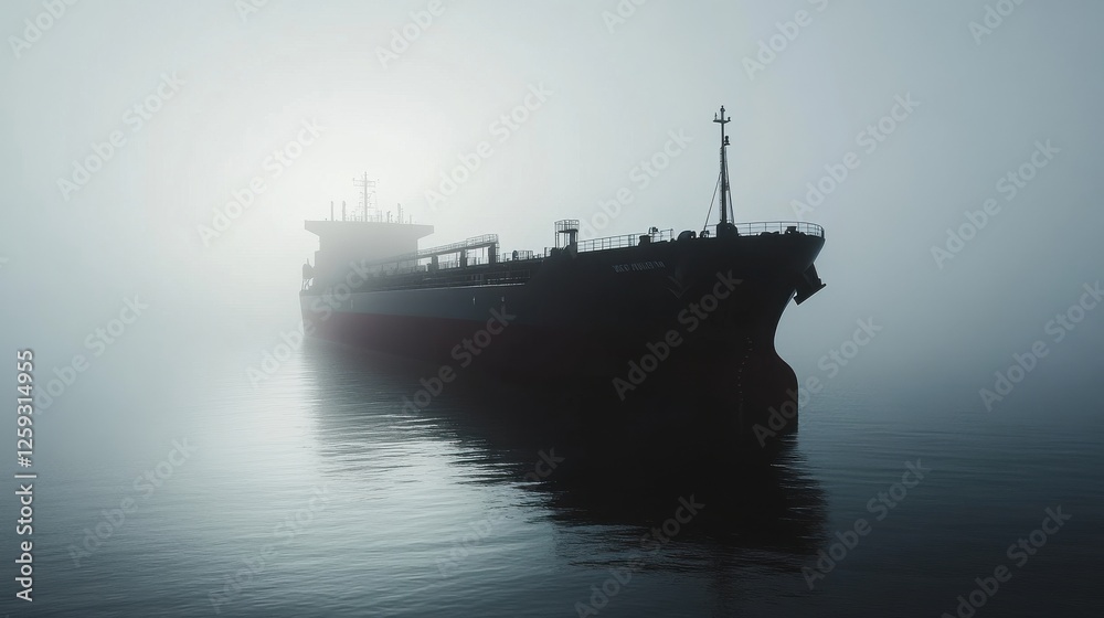 Fototapeta premium Mysterious Cargo Ship Silhouette in Foggy Water at Dawn