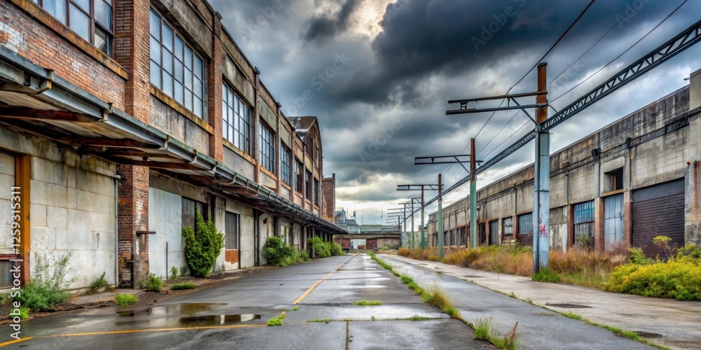 Overgrown Industrial Alleyway Under a Stormy Sky, Showing Aged Brick and Concrete Buildings With Weathered Loading Docks and Utility Lines Overgrown Industrial Alleyway Under a Stormy Sky, Showing Aged Brick and Concrete Buildings With Weathered Loading Docks and Utility Lines
