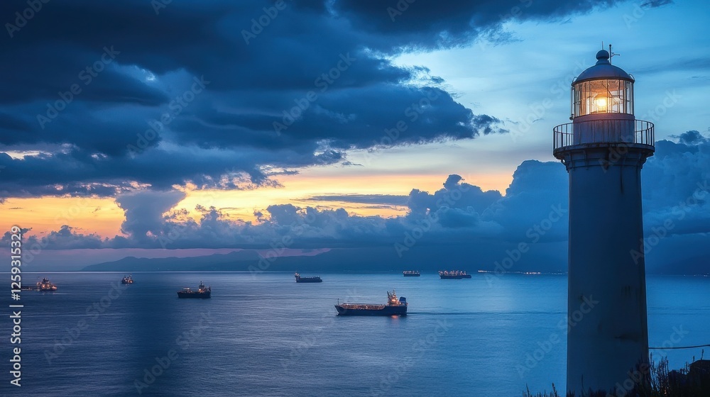 Serene Lighthouse at Dusk with Ships Sailing in the Background Serene Lighthouse at Dusk with Ships Sailing in the Background