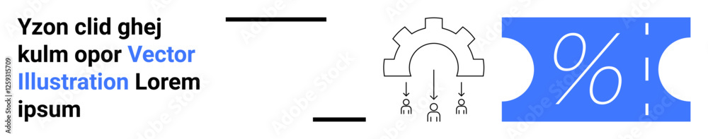 Gear mechanism with linked human figures and a blue discount ticket featuring a percentage symbol. Ideal for teamwork, automation, business, marketing, innovation, strategies, abstract line flat Gear mechanism with linked human figures and a blue discount ticket featuring a percentage symbol. Ideal for teamwork, automation, business, marketing, innovation, strategies, abstract line flat