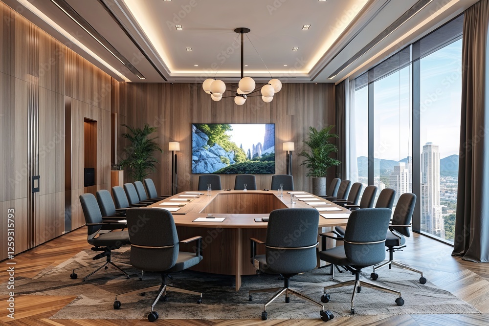 Fototapeta premium Modern Corporate Conference Room Featuring Stylish Furniture and Luxurious Wood Flooring in a Spacious Bright Interior