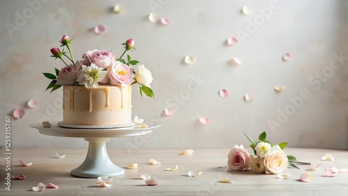 Delicate Drizzled Cake Adorned with Pastel Blooms and Scattered Petals on a Light Wooden Table