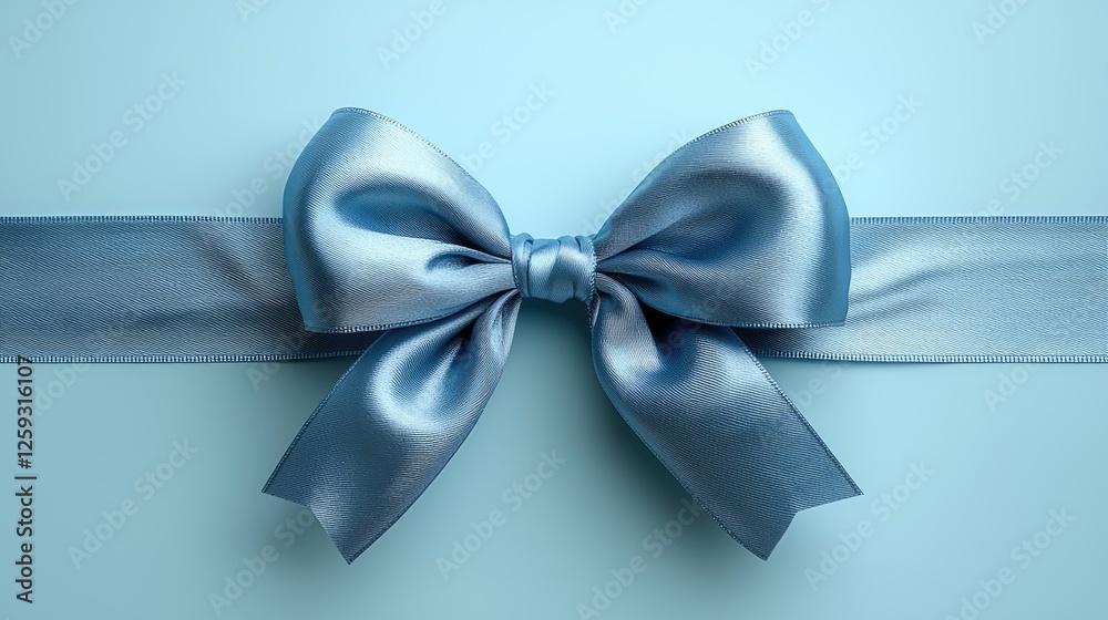 Naklejka premium Elegant blue satin bow placed centrally on a light blue background, perfect for gift wrapping