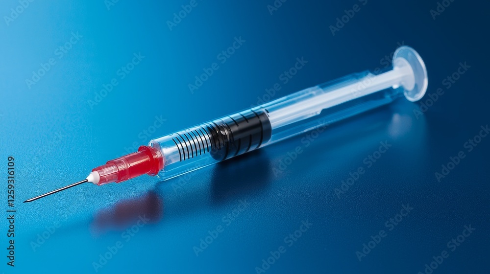 Fototapeta premium Clear Syringe with Red Tip on Blue Background, Medical Tool for Injection