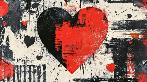 Halftone heart with distressed textures, surrounded by bold typography and scribbled doodles, grunge punk collage, vibrant red and black, modern illustration style